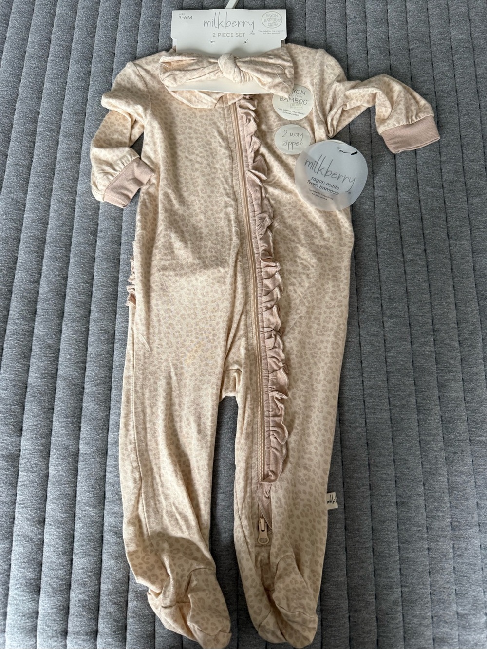 Beige Ruffle Leopard Print Baby One-Piece Footed Pajamas